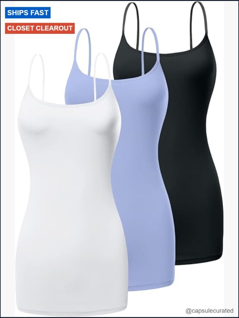 Cotton Long Cami Tank Top with Adjustable Straps 3-Pack Layering Undershirt